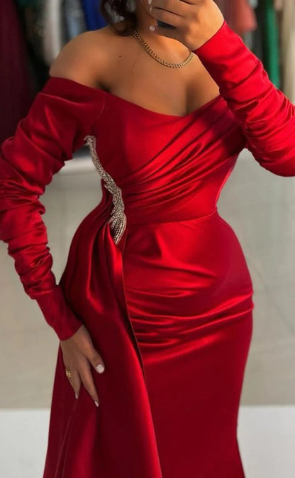 RP1418-Elegant Red Mermaid Sweetheart Crystals Long Sleeves Prom Evening Dresses Formal Party Gowns With Train