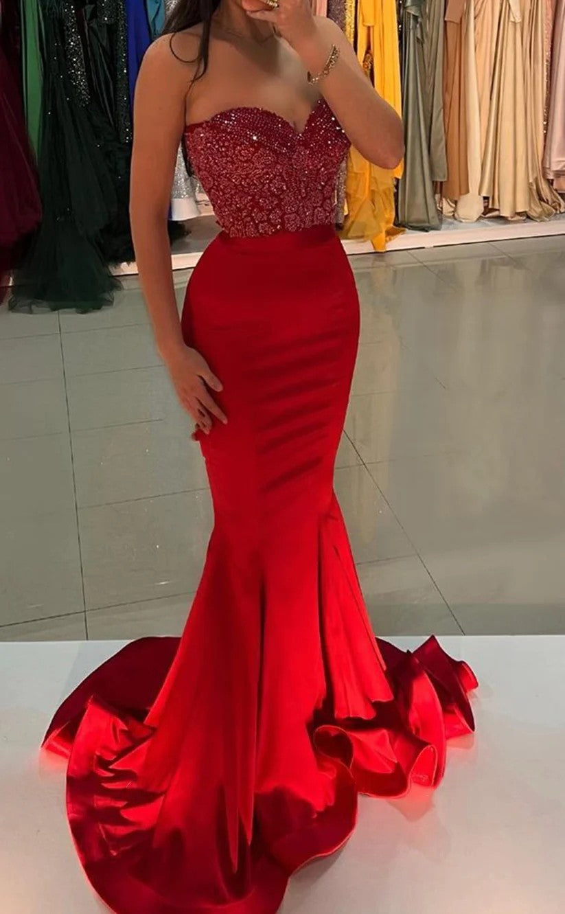 RP1417-Elegant Red Mermaid Sweetheart Sequins Sleeveless Prom Evening Dresses Formal Party Gowns