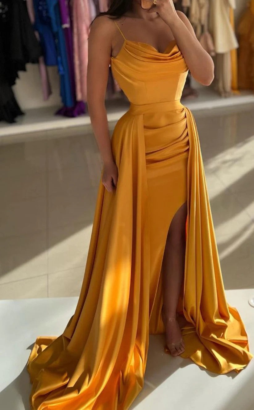 RP1420-Elegant Orange Mermaid Spaghetti Ruched Sleeveless Prom Evening Dresses Formal Party Gowns With Slit