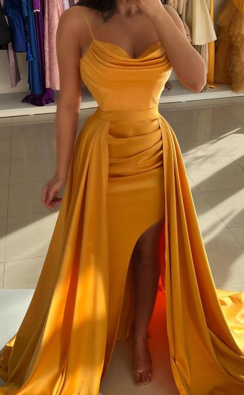 RP1420-Elegant Orange Mermaid Spaghetti Ruched Sleeveless Prom Evening Dresses Formal Party Gowns With Slit