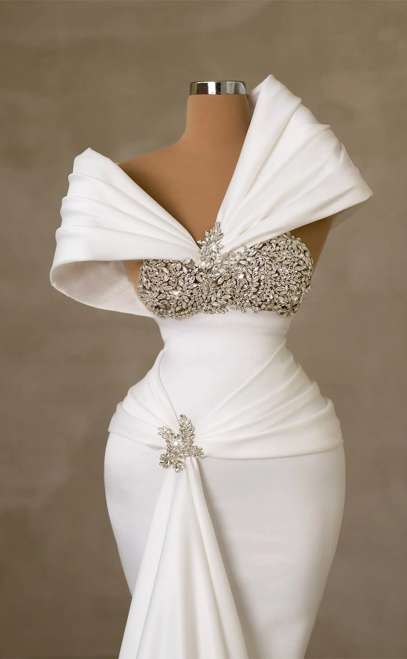 RP253-White Mermaid Off-the-Shoulder Beads Crystals Cap Sleeves Prom Evening Dresses Formal Party Gowns With Pleated