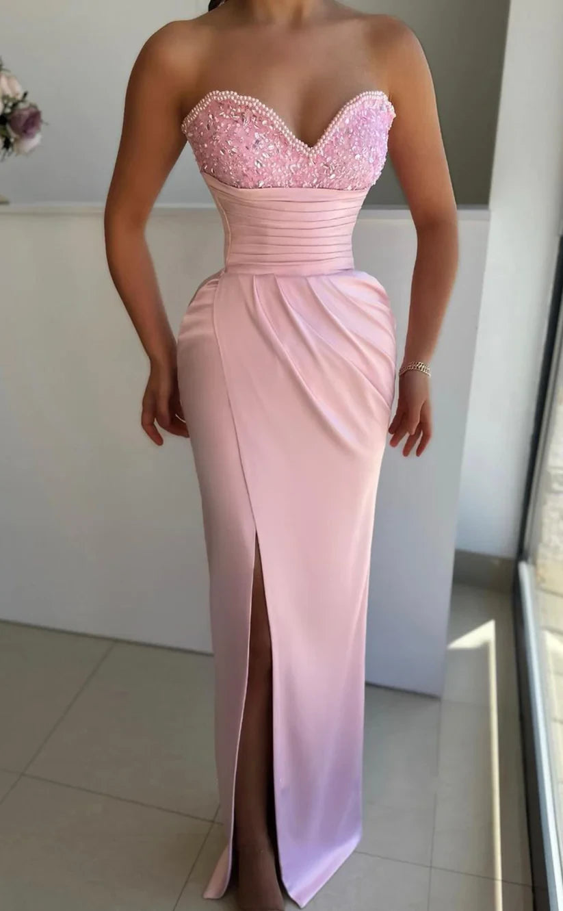 RP407-Charming Pink Mermaid Sweetheart Sequins Beads Pearls Sleeveless Floor Length Prom Evening Dresses Formal Party Gowns With Slit