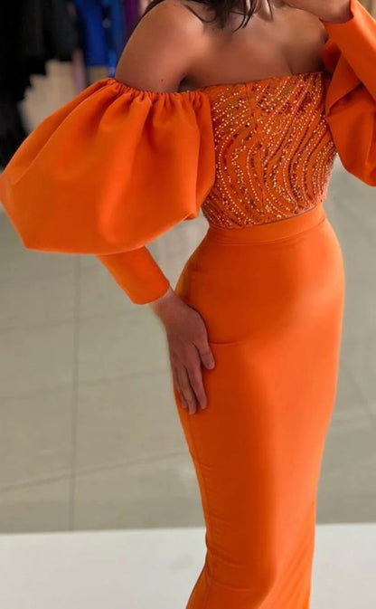 RP1421-Modern Orange Mermaid Strapless Ruched Sequins Puffy Sleeves Prom Evening Dresses Formal Party Gowns