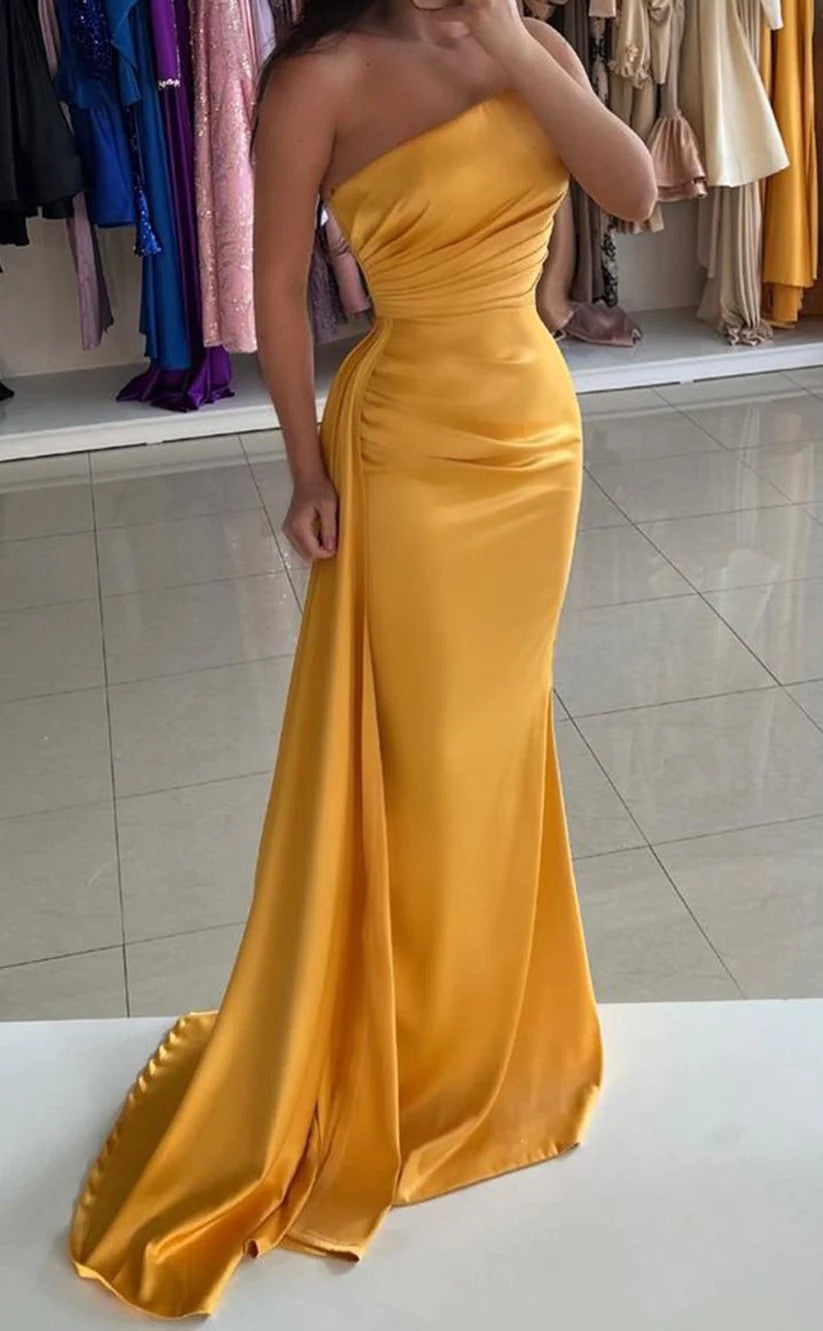 RP1419-Elegant Orange Mermaid Strapless Ruched Sleeveless Prom Evening Dresses Formal Party Gowns With Train