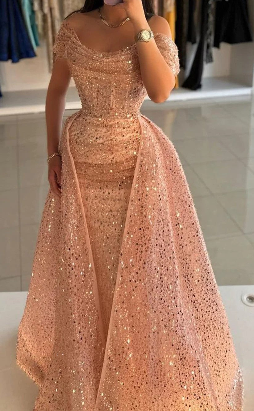 RP1426-Elegant Mermaid Off-the-Shoulder Sequins Cap Sleeves Prom Evening Dresses Formal Party Gowns With Train