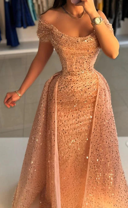 RP1426-Elegant Mermaid Off-the-Shoulder Sequins Cap Sleeves Prom Evening Dresses Formal Party Gowns With Train