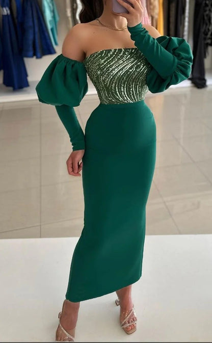 RP1425-Modern Green Mermaid Strapless Ruched Sequins Puffy Sleeves Prom Evening Dresses Formal Party Gowns