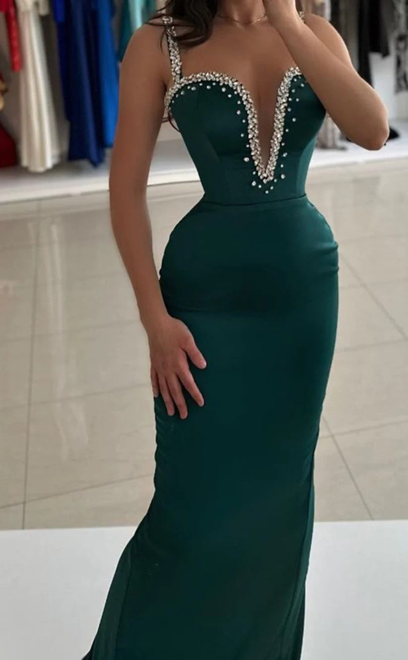 RP1423-Elegant Green Mermaid Spaghetti Ruched Crystals Sleeveless Prom Evening Dresses Formal Party Gowns