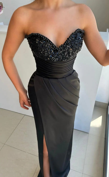 RP408-Charming Black Mermaid Sweetheart Sequins Beads Pearls Sleeveless Floor Length Prom Evening Dresses Formal Party Gowns With Slit