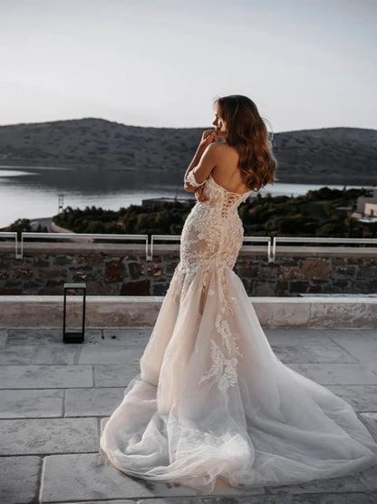 Elegant & Gorgeous Mermaid Boho Wedding Dresses Sweetheart Appliqued Sequins Sleeveless Tulle Sweep Train Bridal Gowns Custom