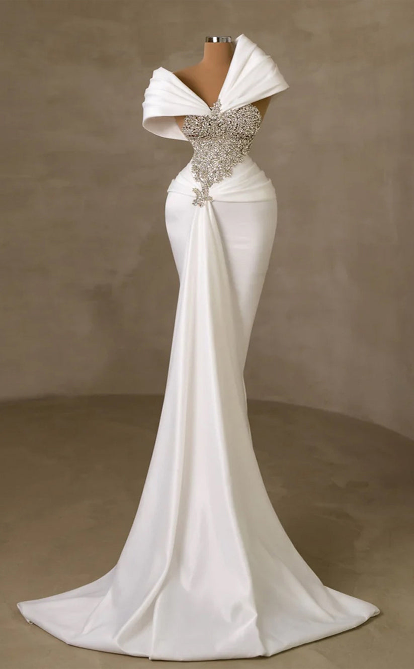 RP254-White Mermaid Off-the-Shoulder Beads Crystals Cap Sleeves Prom Evening Dresses Formal Party Gowns