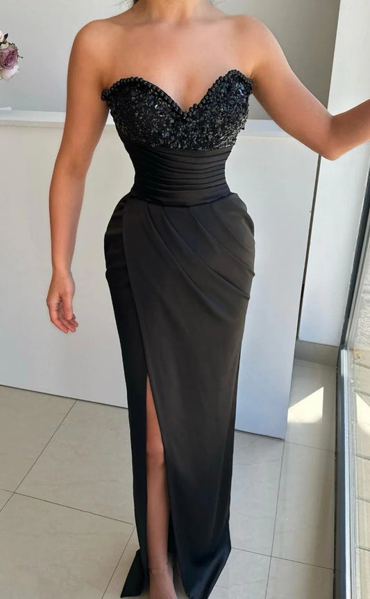 RP408-Charming Black Mermaid Sweetheart Sequins Beads Pearls Sleeveless Floor Length Prom Evening Dresses Formal Party Gowns With Slit