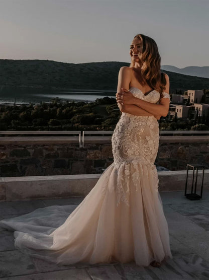 Elegant & Gorgeous Mermaid Boho Wedding Dresses Sweetheart Appliqued Sequins Sleeveless Tulle Sweep Train Bridal Gowns Custom