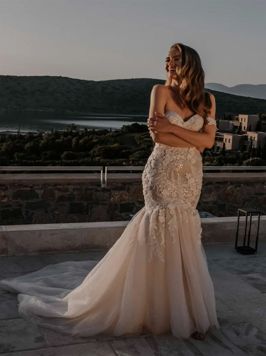 Elegant & Gorgeous Mermaid Boho Wedding Dresses Sweetheart Appliqued Sequins Sleeveless Tulle Sweep Train Bridal Gowns Custom