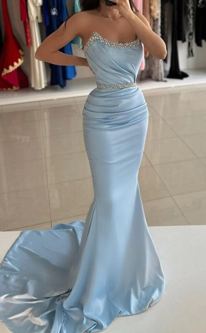 RP1422-Elegant Sky Blue Mermaid Strapless Ruched Crystals Sleeveless Prom Evening Dresses Formal Party Gowns With Train