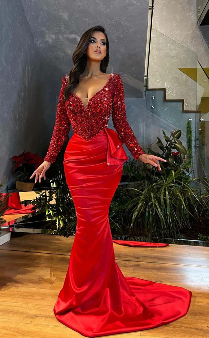 RP2023-Gorgeous Red Mermaid V-Neck Sequins Long Sleeves Satin Prom Evening Dresses Formal Party Gowns With Slit