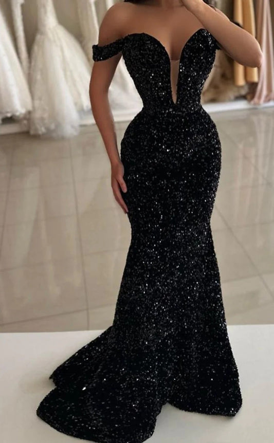 RP1308-Sparkling Mermaid Off-the-Shoulder Sequins Cap Sleeves Prom Evening Dresses Formal Party Gowns With Train