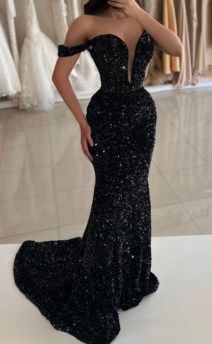 RP1308-Sparkling Mermaid Off-the-Shoulder Sequins Cap Sleeves Prom Evening Dresses Formal Party Gowns With Train