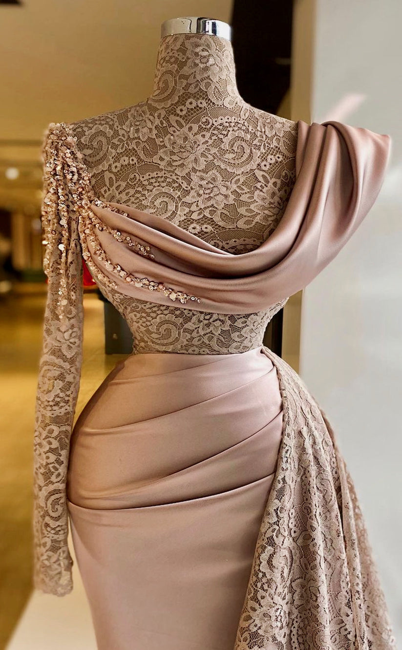 RP1299-Elegant Brown Mermaid High Neck Lace Beaded Long Sleeves Satin Prom Evening Dresses Formal Party Gowns With Train