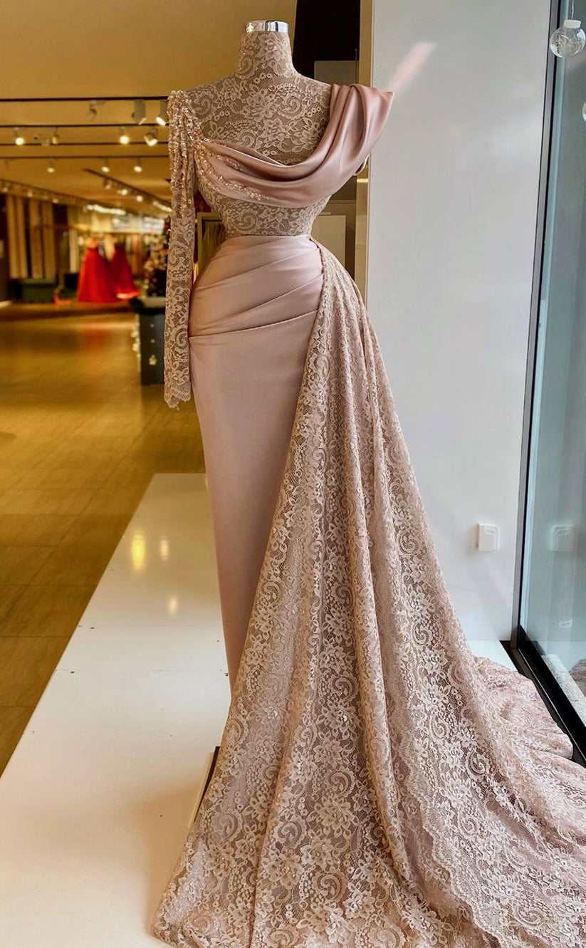 RP1299-Elegant Brown Mermaid High Neck Lace Beaded Long Sleeves Satin Prom Evening Dresses Formal Party Gowns With Train