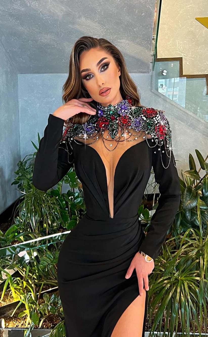 RP2025-Special Black Mermaid High Neck Crystals Tassel Long Sleeves Satin Prom Evening Dresses Formal Party Gowns With Slit