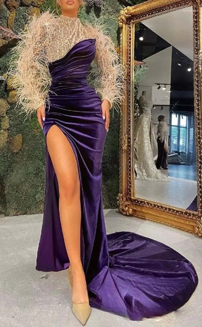 RP2029-Unique Peacock Mermaid High Neck Feather Pleated Long Sleeves Velvet Prom Evening Dresses Formal Party Gowns With Slit