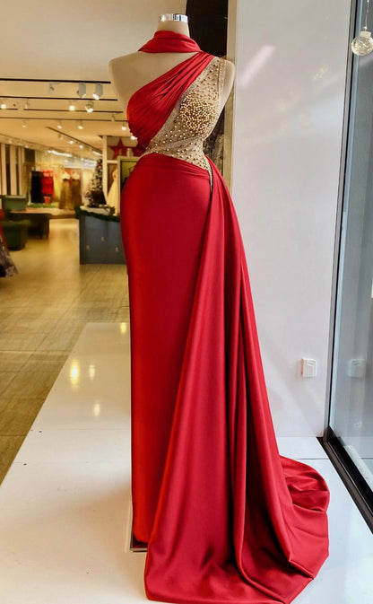 RP1188-Elegant Red Mermaid High Neck Ruched Beaded Sleeveless Satin Prom Evening Dresses Formal Party Gowns With Train