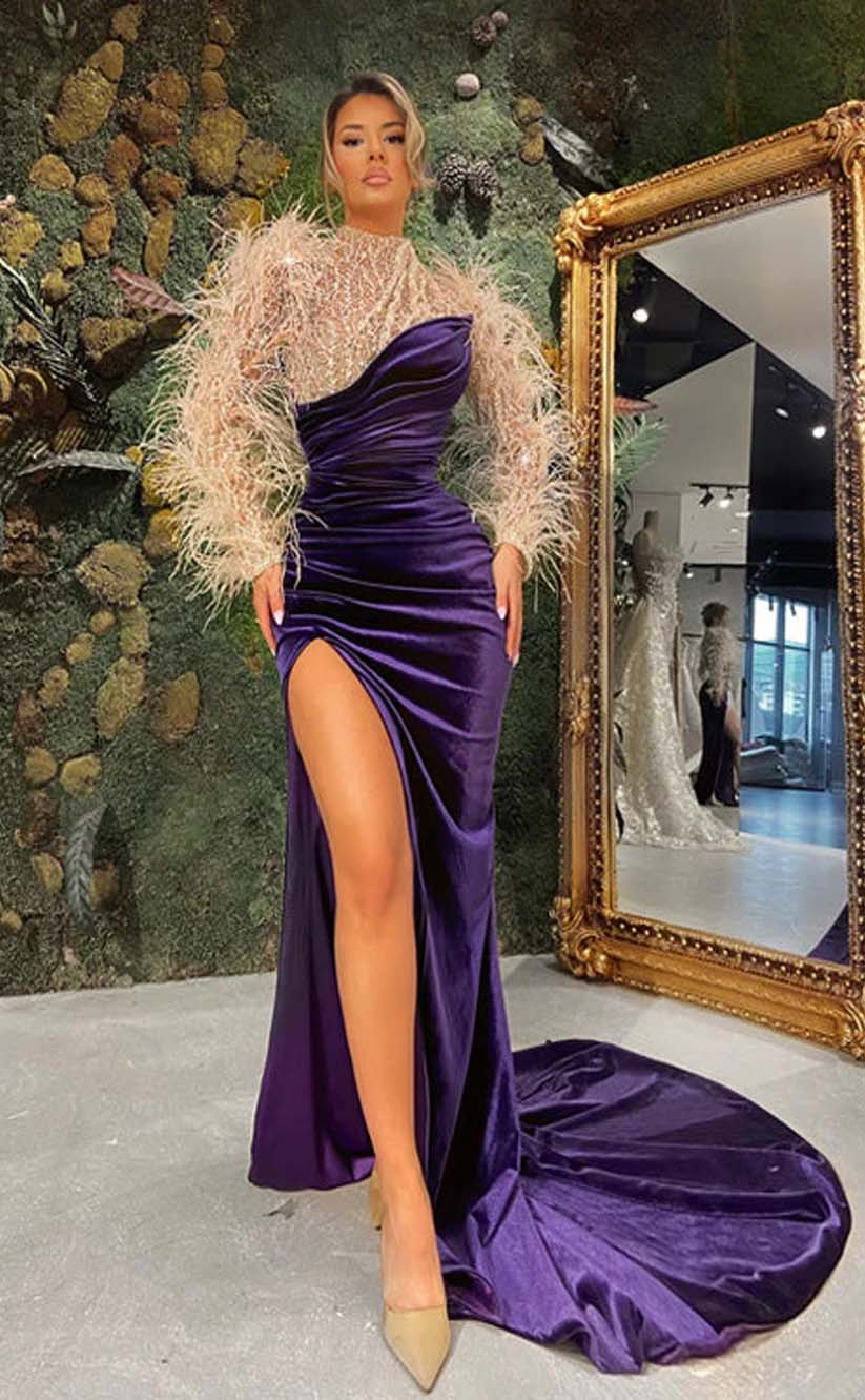RP2029-Unique Peacock Mermaid High Neck Feather Pleated Long Sleeves Velvet Prom Evening Dresses Formal Party Gowns With Slit