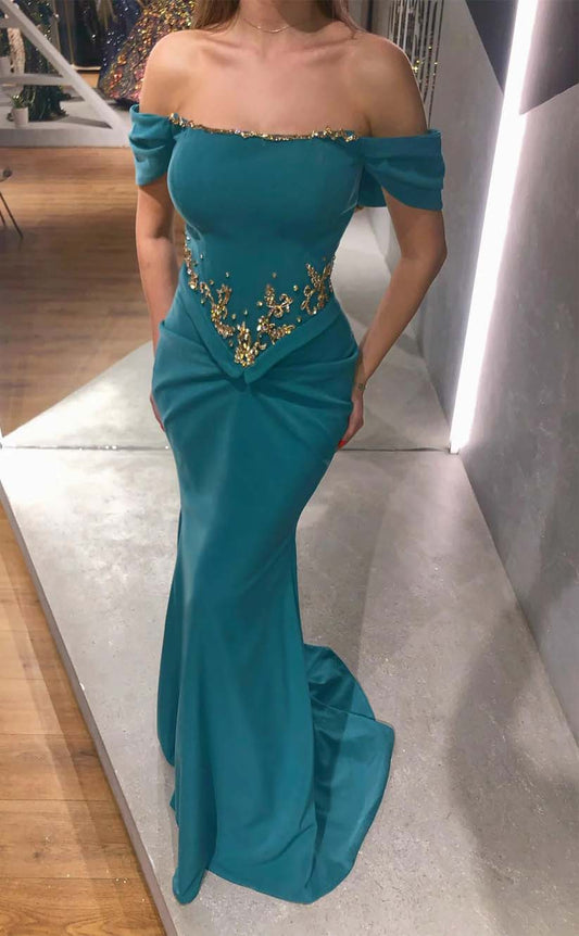 RP2030-Gorgeous Green Mermaid Off-the-Shoulder Crystals Sleeveless Satin Prom Evening Dresses Formal Party Gowns With Train