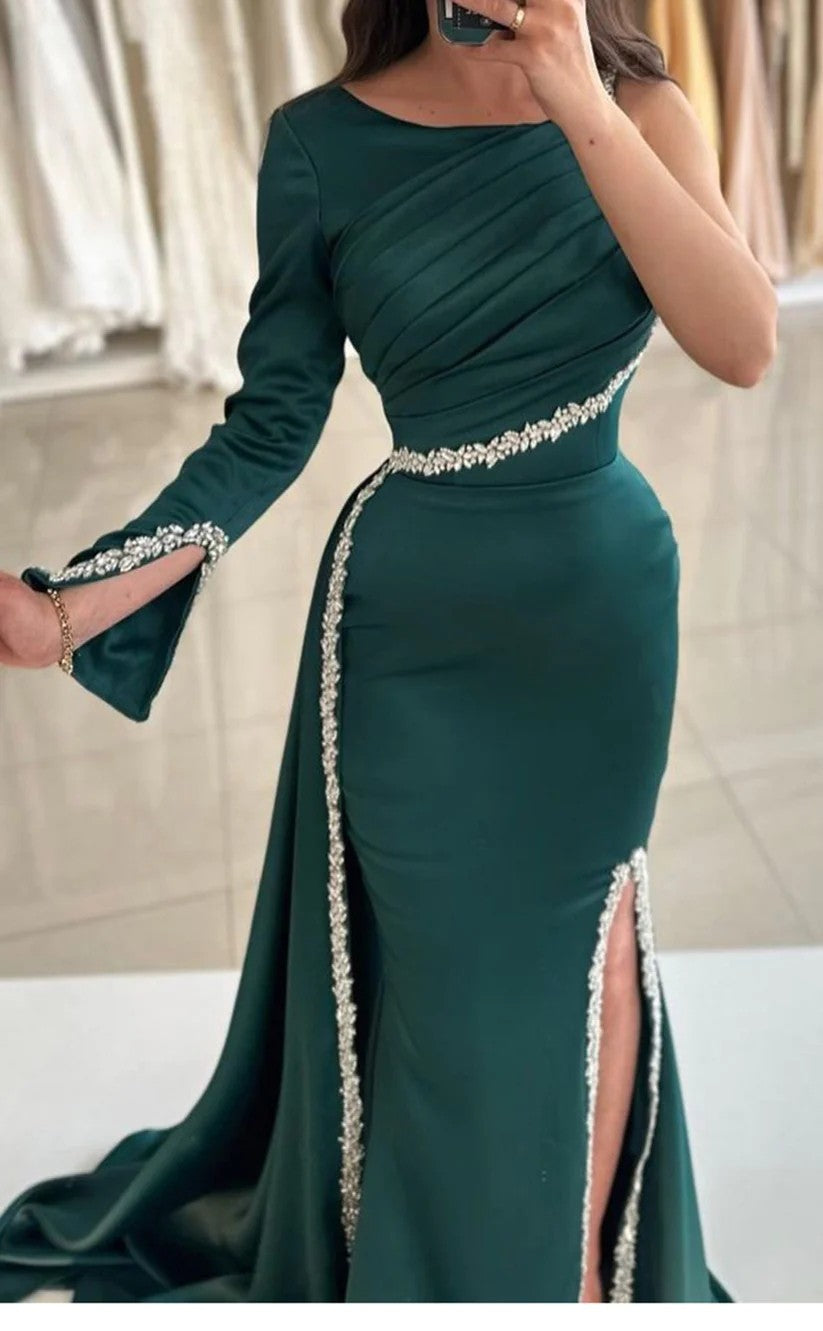 RP1396-Elegant Green Mermaid One Shoulder Ruched Beaded One Long Sleeve Satin Prom Evening Dresses Formal Party Gowns With Slit