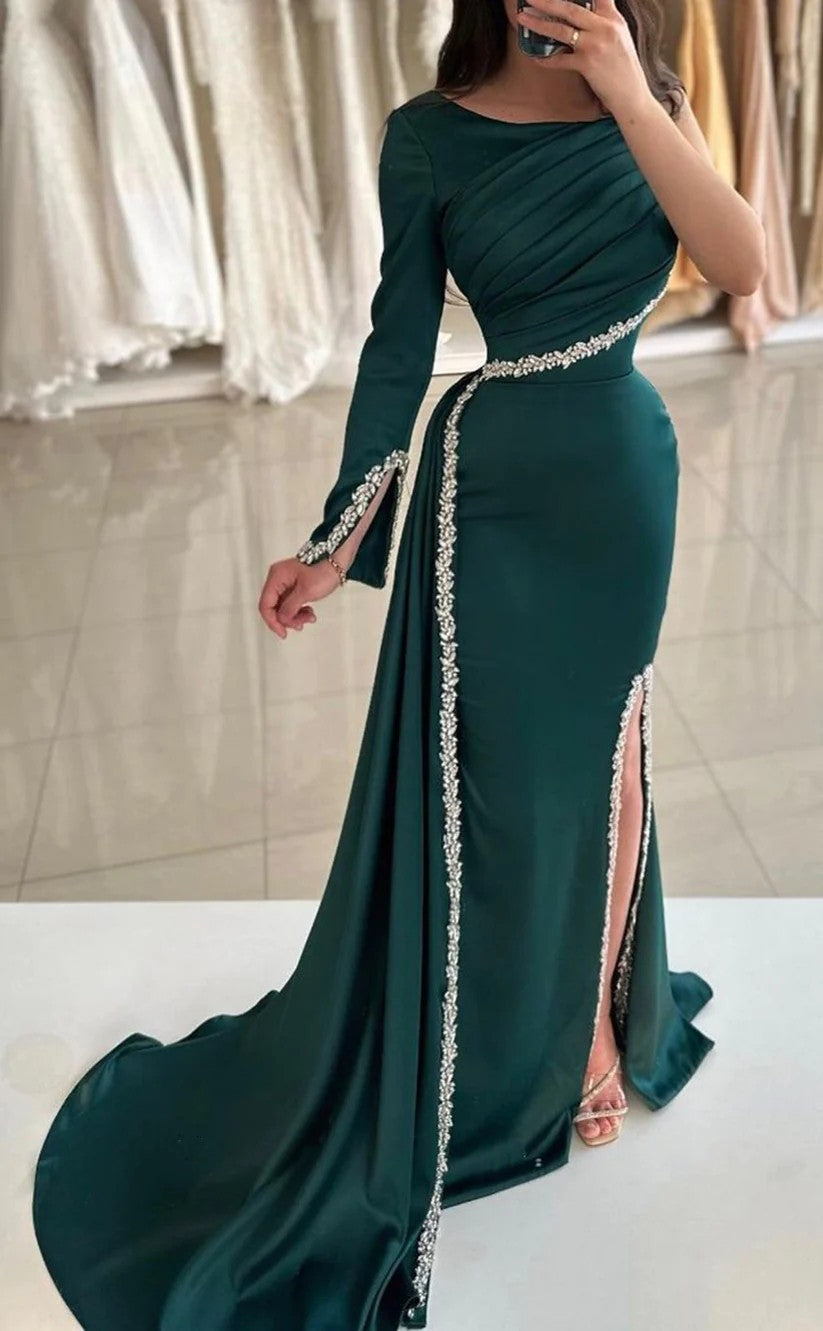 RP1396-Elegant Green Mermaid One Shoulder Ruched Beaded One Long Sleeve Satin Prom Evening Dresses Formal Party Gowns With Slit