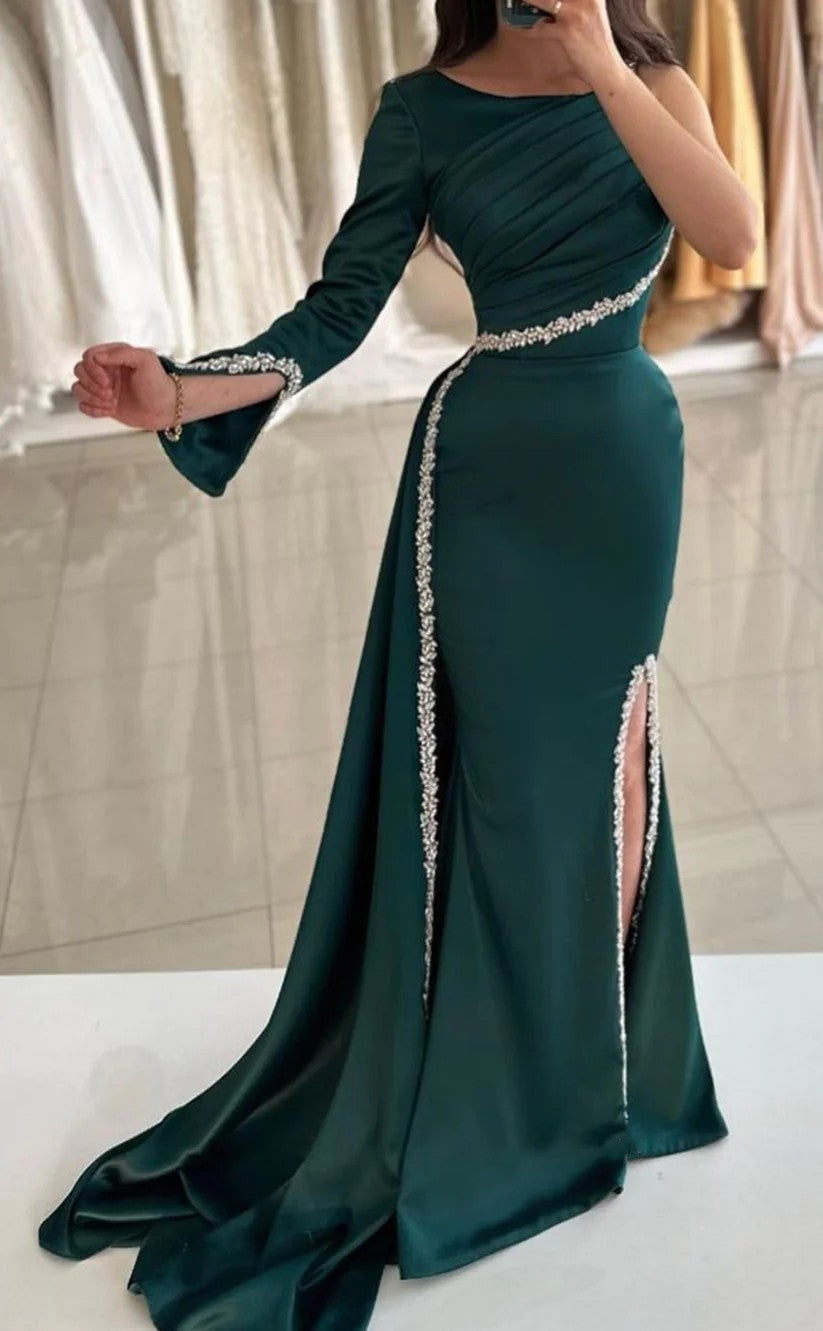 RP1396-Elegant Green Mermaid One Shoulder Ruched Beaded One Long Sleeve Satin Prom Evening Dresses Formal Party Gowns With Slit