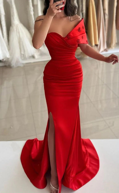 RP701-Elegant Red Mermaid One Shoulder Ruched Beaded Sleeveless Satin Prom Evening Dresses Formal Party Gowns With Slit