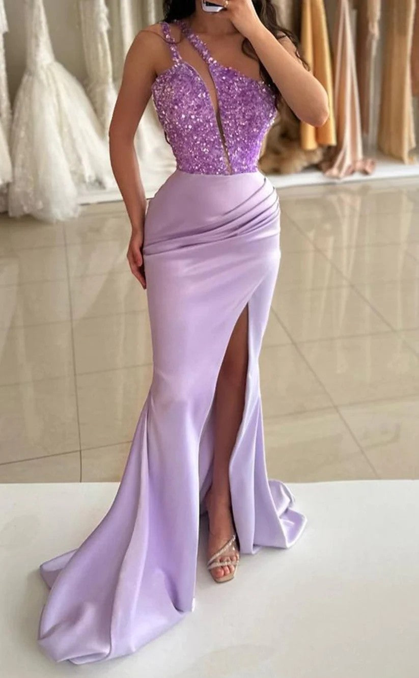 RP904-Elegant Purple Mermaid One Shoulder Sequins Sleeveless Satin Prom Evening Dresses Formal Party Gowns With Slit