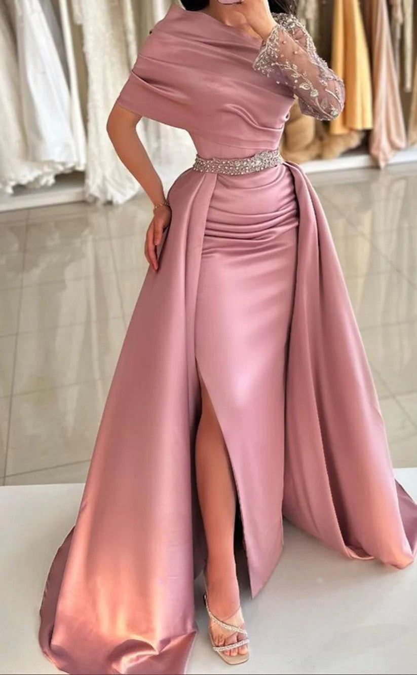 RP1429-Elegant Pink Mermaid One Shoulder Ruched Beaded Long Sleeve Satin Prom Evening Dresses Formal Party Gowns With Slit