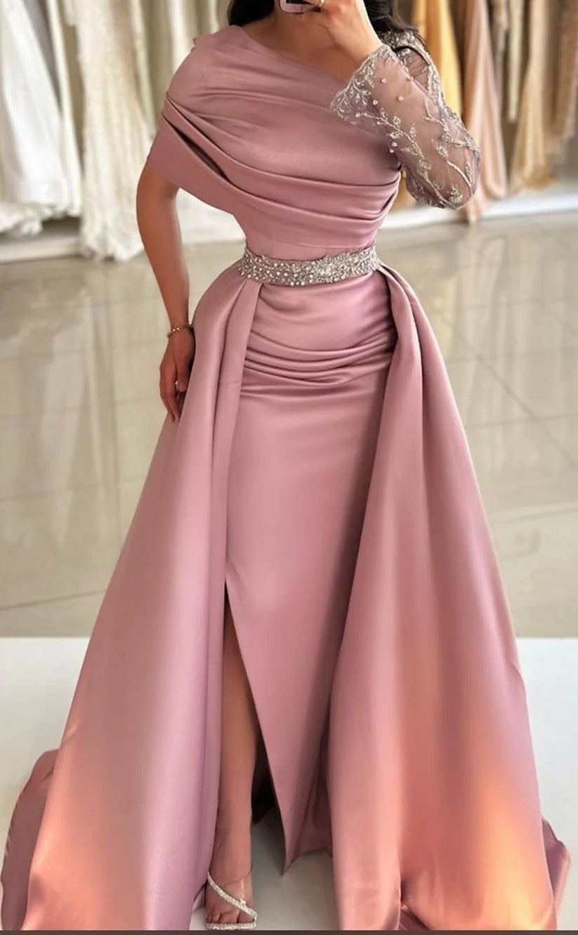 RP1429-Elegant Pink Mermaid One Shoulder Ruched Beaded Long Sleeve Satin Prom Evening Dresses Formal Party Gowns With Slit