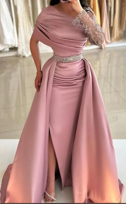 RP1429-Elegant Pink Mermaid One Shoulder Ruched Beaded Long Sleeve Satin Prom Evening Dresses Formal Party Gowns With Slit