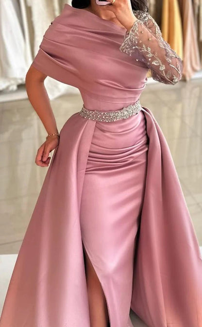 RP1429-Elegant Pink Mermaid One Shoulder Ruched Beaded Long Sleeve Satin Prom Evening Dresses Formal Party Gowns With Slit