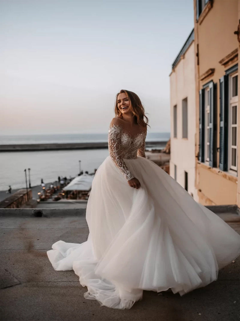 Unique & Elegant A-Line Boho Wedding Dresses Scoop Sequins Appliqued Long Sleeves Tulle Sweep Train Bridal Gowns Custom