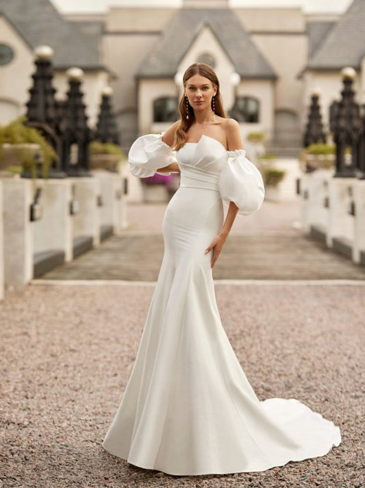 Sexy Mermaid Wedding Dresses Strapless Pleated Detachable Puffy Sleeves Satin Court Train Bridal Gowns Custom Made