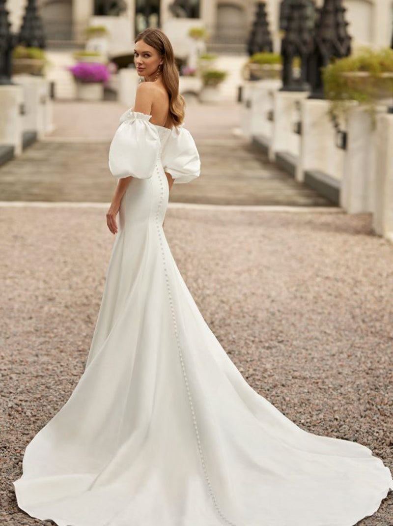 Sexy Mermaid Wedding Dresses Strapless Pleated Detachable Puffy Sleeves Satin Court Train Bridal Gowns Custom Made