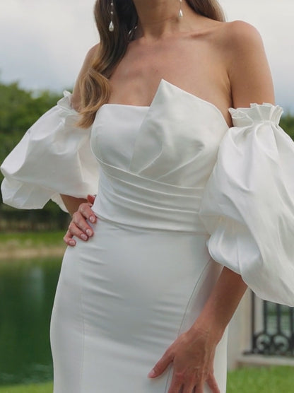 Sexy Mermaid Wedding Dresses Strapless Pleated Detachable Puffy Sleeves Satin Court Train Bridal Gowns Custom Made