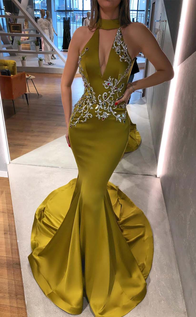 RP2034-Special Olive Mermaid High Neck Appliqued Crystals Satin Prom Evening Dresses Formal Party Gowns With Train