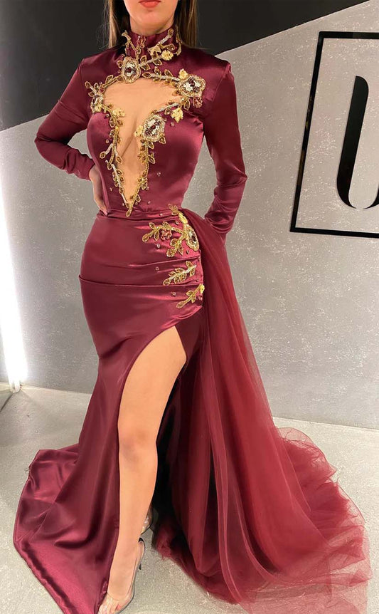 RP2036-Elegant Mermaid High Neck Appliqued Satin Prom Evening Dresses Formal Party Gowns With Slit