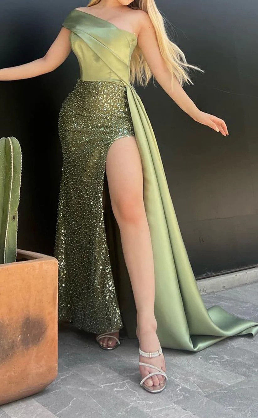 RP1436-Gorgeous Green Mermaid One Shoulder Sequins Ruched Sleeveless Prom Evening Dresses Formal Party Gowns With Slit