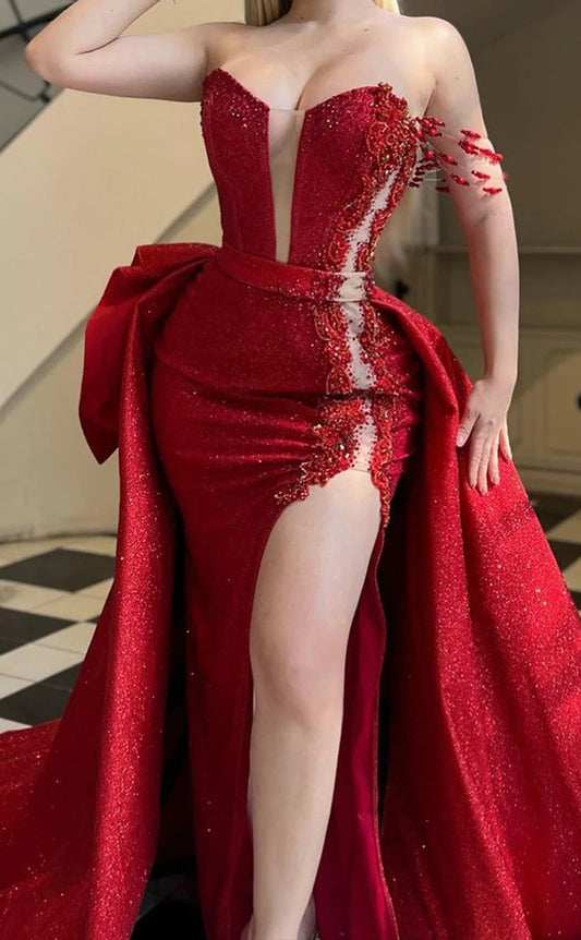 RP1437-Gorgeous Red Mermaid Off-the-Shoulder Appliqued Cap Sleeves Prom Evening Dresses Formal Party Gowns With Slit