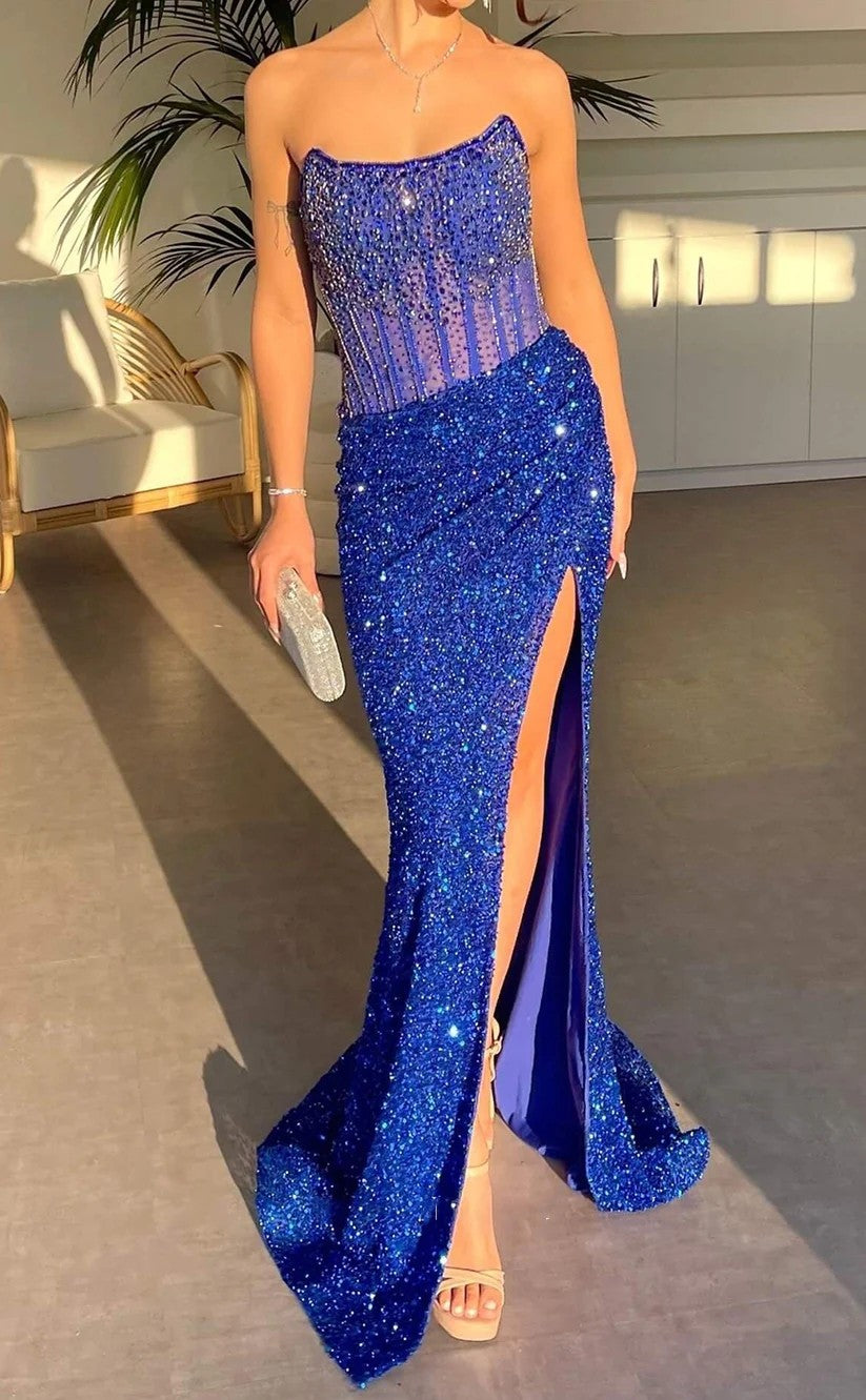 RP1435-Sparkling Royal Blue Mermaid Strapless Sequins Sleeveless Prom Evening Dresses Formal Party Gowns With Slit