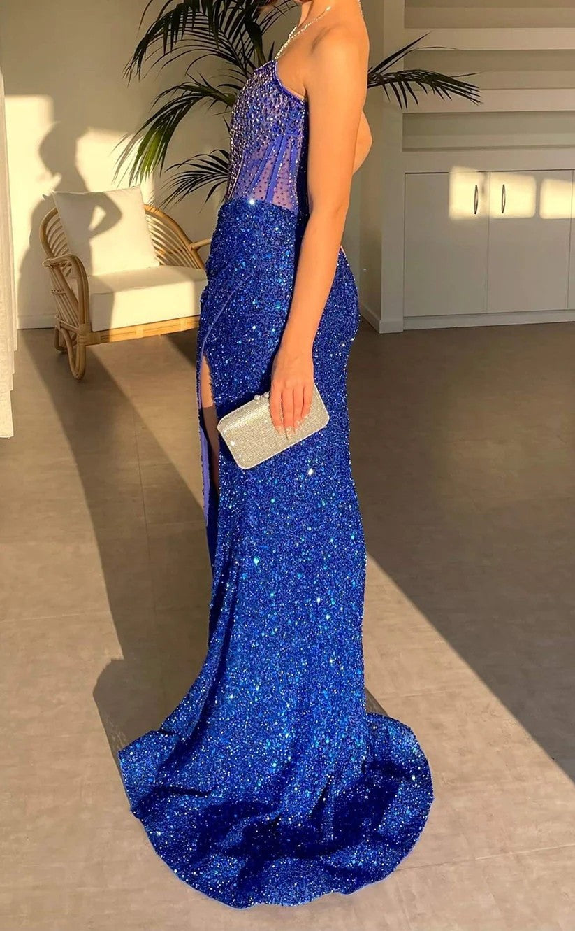 RP1435-Sparkling Royal Blue Mermaid Strapless Sequins Sleeveless Prom Evening Dresses Formal Party Gowns With Slit