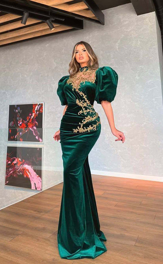 RP2041-Charming Green Mermaid High Neck Pleated Appliqued Half Sleeves Velvet Prom Evening Dresses Formal Party Gowns