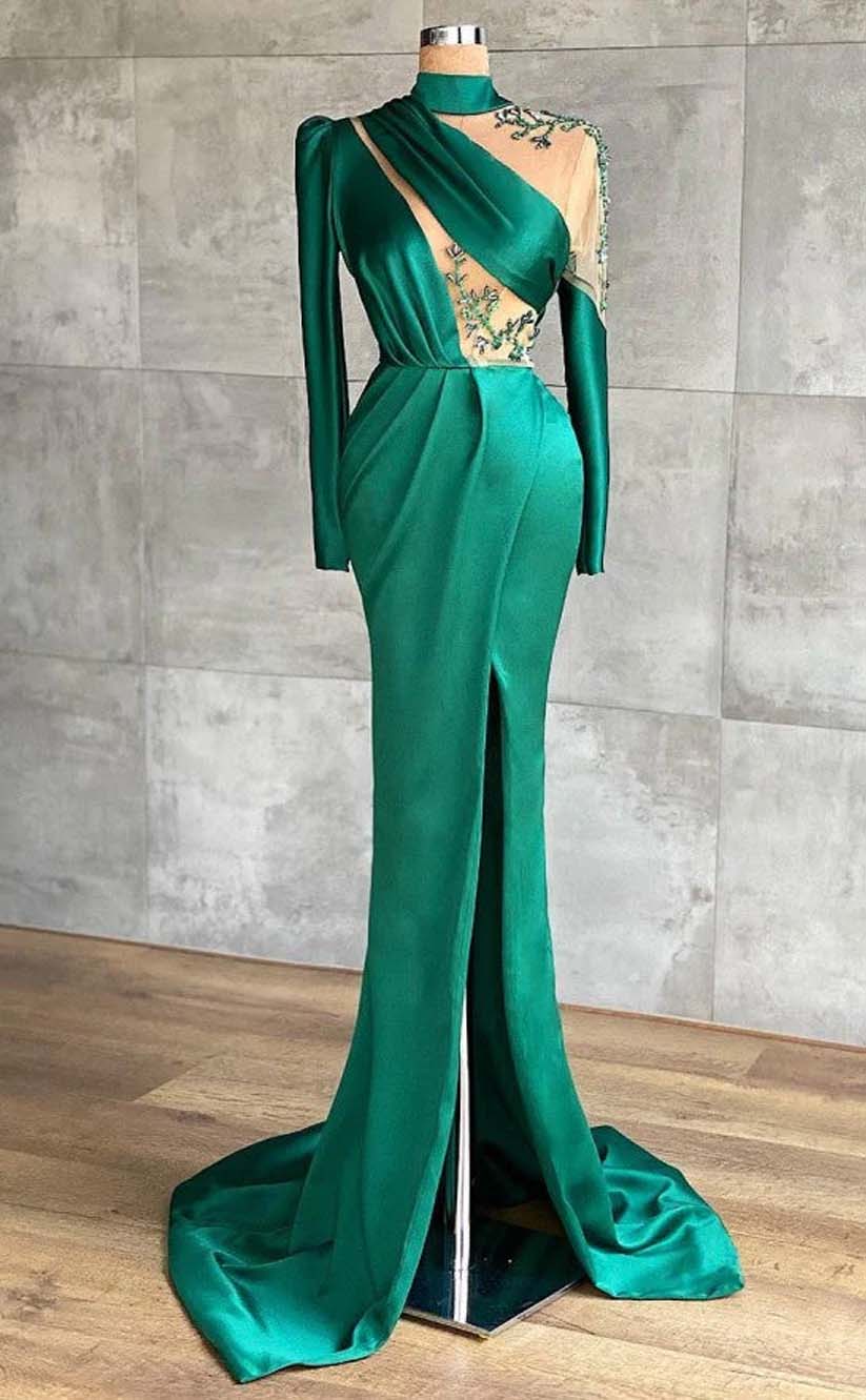 RP2173-Gorgeous Green Mermaid High Neck Appliqued Pleated Long Sleeves Satin Prom Evening Dresses Formal Party Gowns With Slit